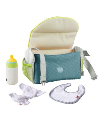 Baby Doll Diaper Bag with Soft Bottle & Reusable Cloth Doll Diapers, Folds into Changing Mat, Toddler Pretend Play Accessories for Ages 18 Mo+
