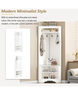 Corner Hall Tree - Versatile Entryway Coat Rack with 4 Hooks and Adjustable Shoe Shelf for Living Room, Hallway