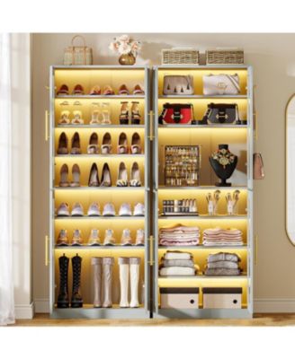 8-Tier Tall Shoe Storage with Acrylic Doors and LED Lights Set of 2, Organizer Rack with Adjustable Shelves and Hanging Hooks