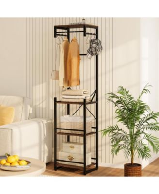 Freestanding Coat Rack with 6 Hooks and 4 Storage Shelves