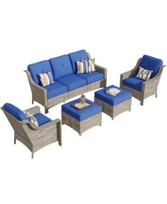 5 Piece Outdoor Patio Furniture Set,Wicker Conversation Set with Comfy Deep Sofa,Wide Armrest Chairs with Ottoman for Outside Porch Balcony