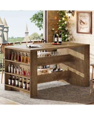 3-Tier Farmhouse Kitchen Island with Storage, 59'' Wooden Stationary Island Table with Open Shelves & Large Worktop & Leg Room