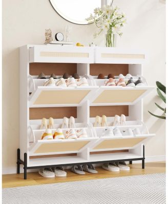 Rattan Shoe Cabinet Storage with 4 Flip Drawers and 2 Top Drawers Freestanding Shoe Organizer Wooden Slim Shoe Rack Storage