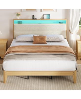 King Upholstered Bed Storage Headboard LED Boucle Platform Charging Station No Box Spring Easy Assembly