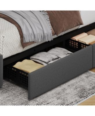 Upholstered Bed Frame 4 Storage Drawers Adjustable Headboard Wooden Slats Support No Box
