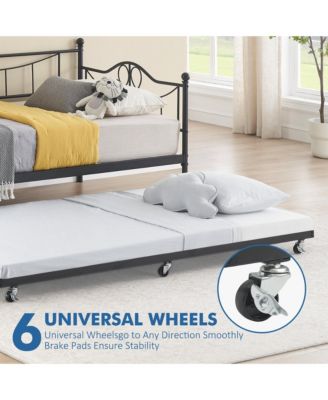 Daybed with Trundle Twin Day Bed 6 Wheels Art Sweet Heart Heavy Duty Metal Slats Pull Out Sofa Bed