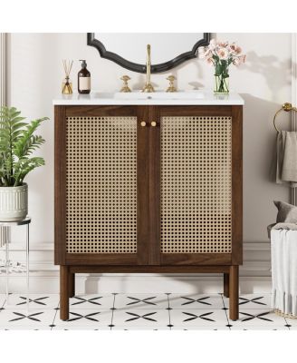 30'' Modern Bathroom Vanity with Ceramic Sink, Bamboo & MDF, Soft Close Rattan Doors, Freestanding Storage Cabinet for Small Spaces