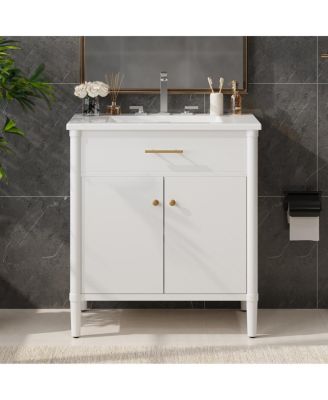 31 Inch Modern Freestanding Bathroom Vanity with Ceramic Sink, MDF Cabinet, Soft Close Doors, Solid Wood Legs