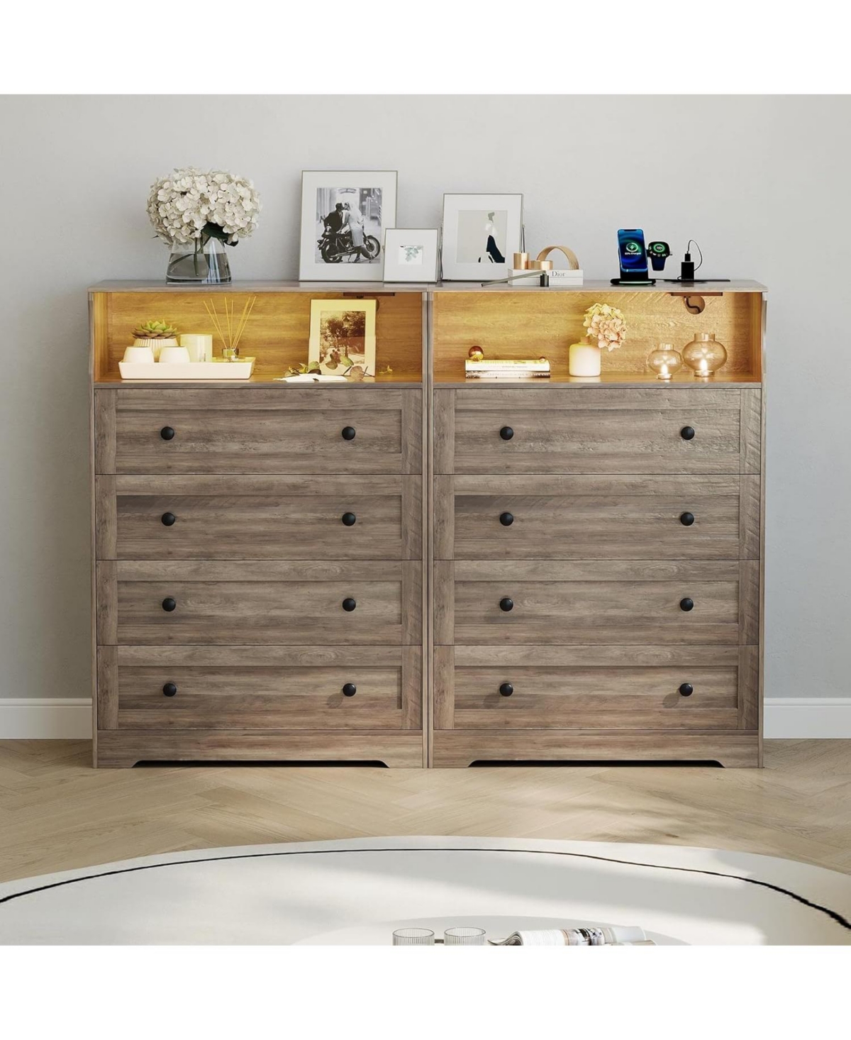 gaomon 4 Drawer Dresser with Charging Station & Led Lights, Slim Vertical Chest with Open Shelf for Bedroom Closet