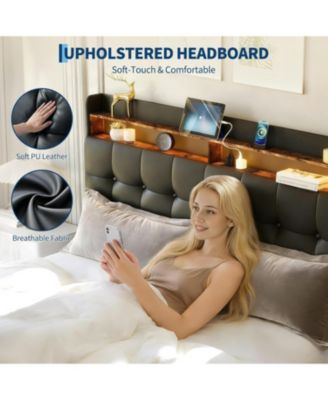 Queen Size Bed Frame with 2 Storage Drawers, Upholstered Bed Frame Queen with LED Light