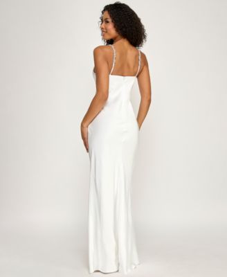 Juniors' Rhinestone Trim Long V-Neck Slip Dress