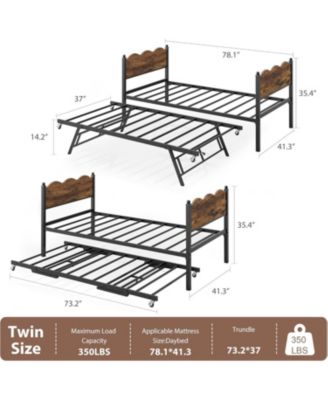 Daybed with Trundle, Metal Frame with Wavy Wood Grain Headboard and Lockable Casters