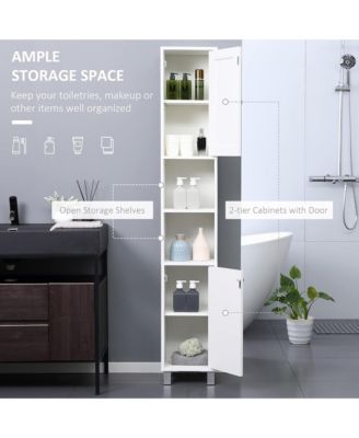 Tall Bathroom Storage Cabinet with Mirror, Wooden Freestanding Tower Cabinet with 2 Enclosed Cabinets, 2 Middle Open Shelves for Small Spaces