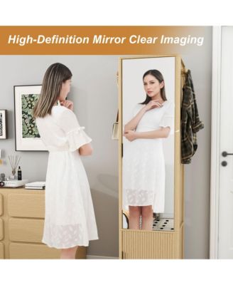 360° Rotating Makeup & Jewelry Storage Cabinet - Standing Organizer with Coat Rack, Full-Length Mirror and Open & Hidden Shelves for Bedroom