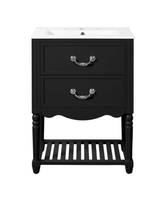 24 Inch Vintage Bathroom Vanity with Ceramic Sink, U-Shaped Drawers and Open Storage Shelf for Small Spaces-Sillysis