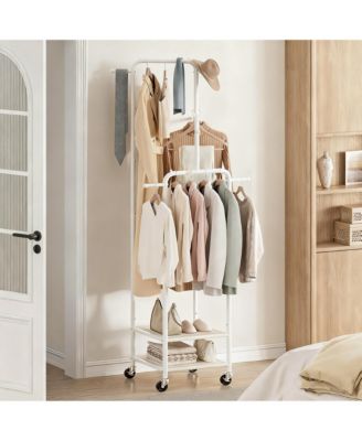 71" Heavy Duty Metal Clothes Rack, 3-Section, 6 Hooks, 2 Shelves, Portable