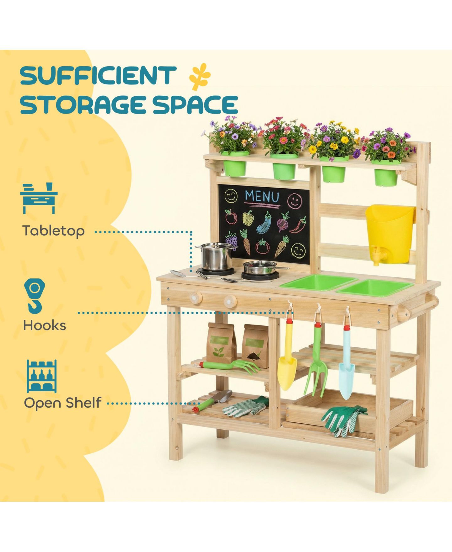 Детская игрушка Qaba Wooden Kids Mud Kitchen with Kitchenware and Garden Tools, цвет: Натуральный — фото 7