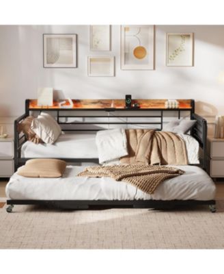 Daybed with Trundle Bed, Storage Headboard with Charging Station and Additional Storage Bags, Sofa Day Bed with Strong Supports for Living Room