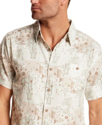 Men's Short-Sleeve Button-Down Linen Rayon Print Shirt