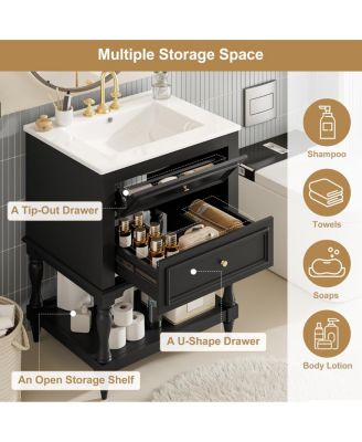 24.4" Retro Freestanding Bathroom Vanity with Sink, Bathroom Storage Cabinet with Open Shelf & Ample Storage Drawers