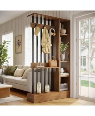71" Wall Room Divider with Shelves & Coat Hooks, Wood Freestanding Room Divider Bookcase for Home & Office Decorative.
