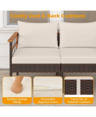 Set of 7 Wicker Furniture Set w/Ottomans Side Table Acacia Wood Tabletop Armrests