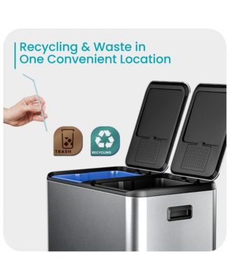 16 Gallon Stainless Steel Dual Trash and Recycling Can with Removable Liners and Soft Close Lids
