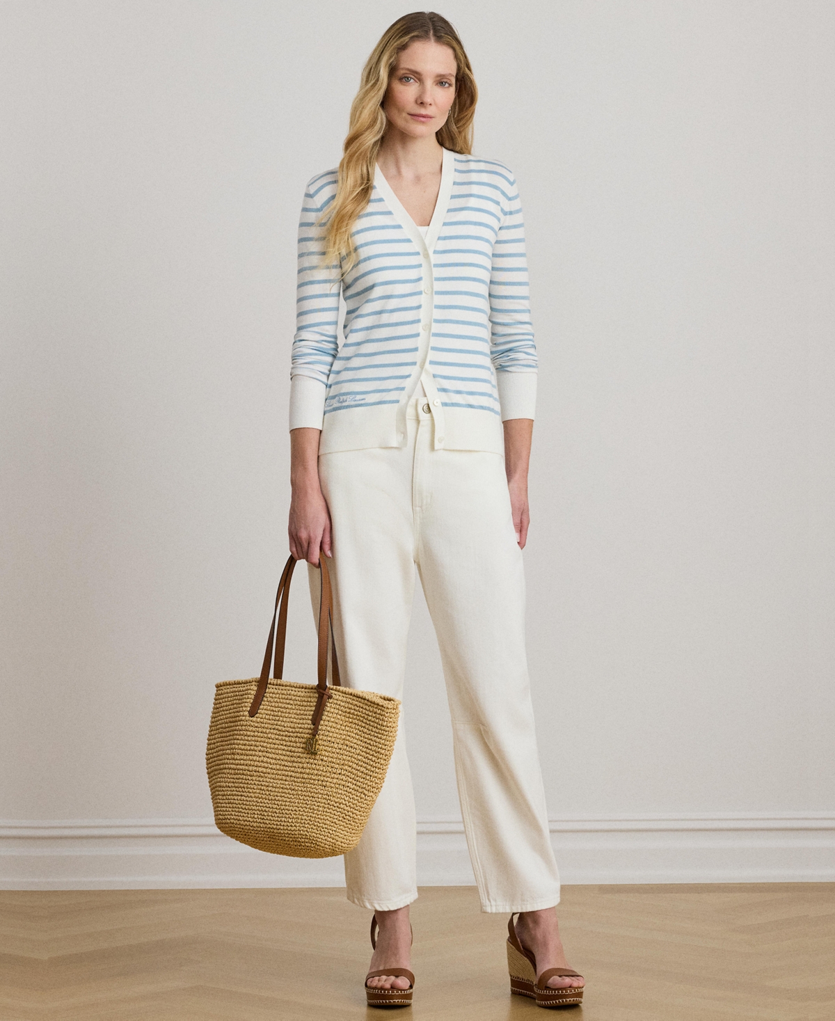 Lauren Ralph Women's Striped V-Neck Cardigan