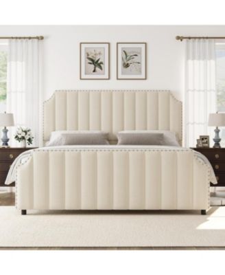 California King Platform Bed Frame Velvet Upholstered Tall Headboard Footboard Nailhead Trim No Box Spring Cream