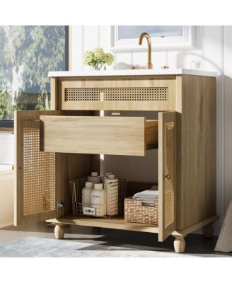 Natural Bathroom Vanity with Resin Sink, Freestanding Cabinet with Rattan Doors & Soft Close for Modern Storage