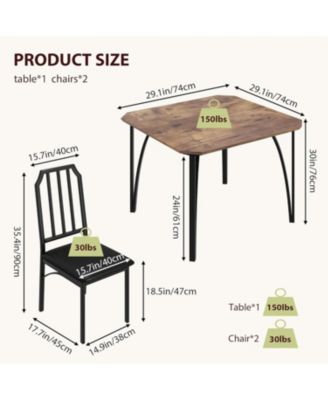 3-Piece Square Dining Set for 2, Table & Upholstered Chairs, Rustic Brown/Brown