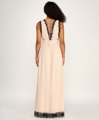 Juniors' Sleeveless V-Neck Deep Plunge Lace Trim Dress