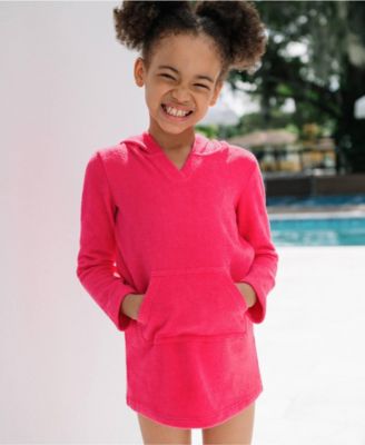 Girls Long Sleeve Hooded Front Pocket Terry Cloth Swimsuit Cover-Up