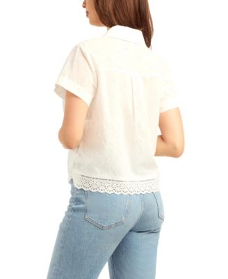 Women's Mini Floral Eyelet Collared Top