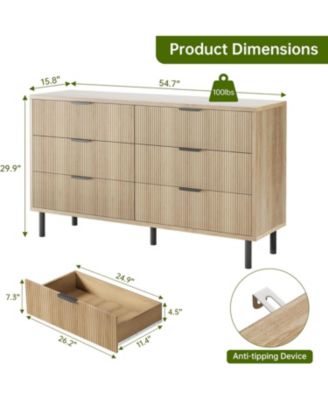 Fluted Dresser with 6 Drawers, 29.9'' Tall Closet Dresser Organizer with Anti-Tipping Device