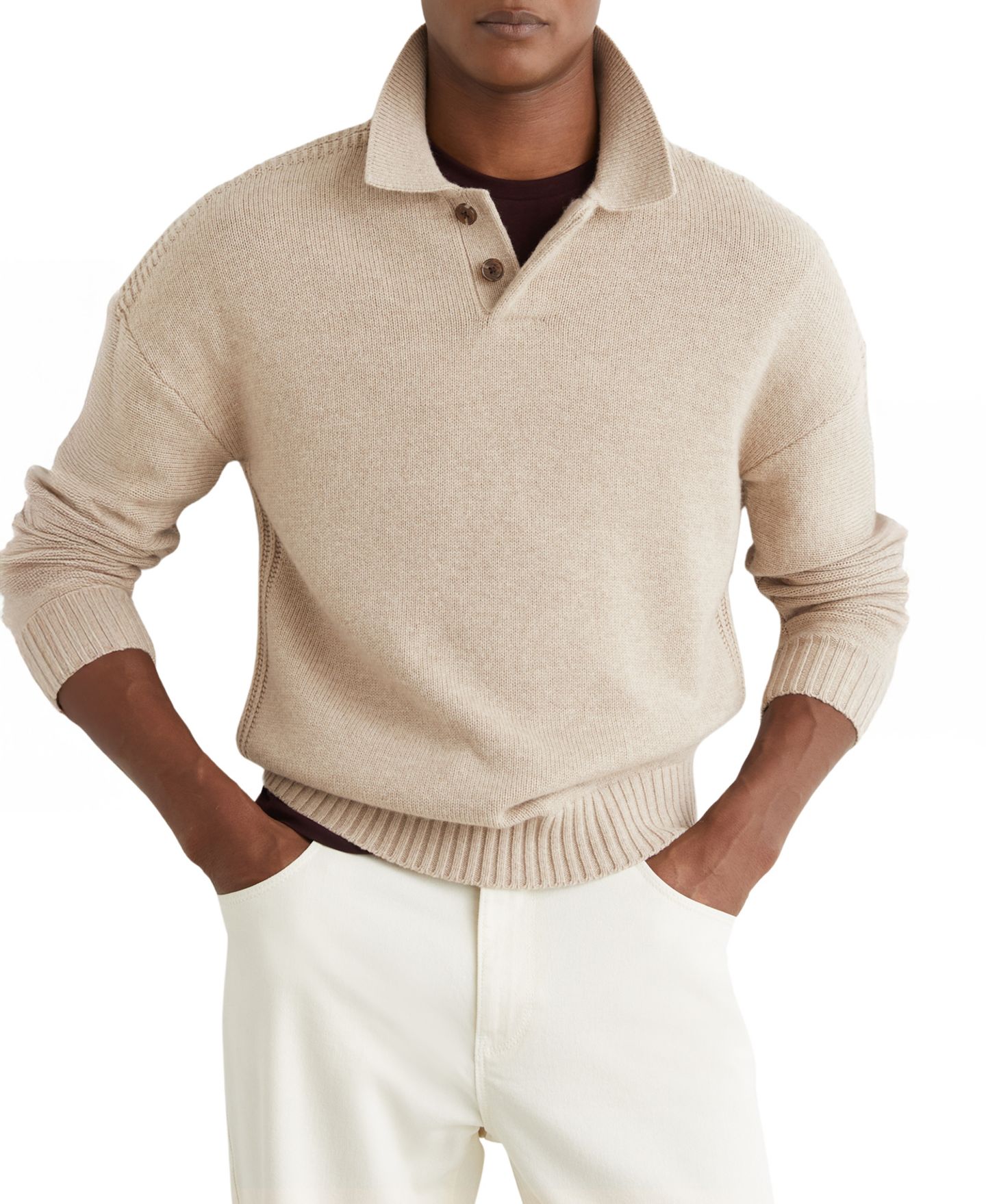 Мужской свитер REISS Elm Wool-Blend Half-Button Polo Jumper, цвет: Овсяный — фото 1