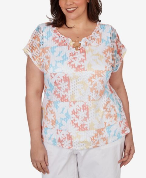 Женский топ HEARTS OF PALM Plus Size Printed Textured Knit T-Sleeve, цвет: Разноцветный