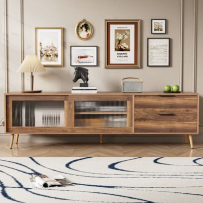 Modern TV Stand Console with 2 Glass Doors 2 Drawers & Storage Cabinet