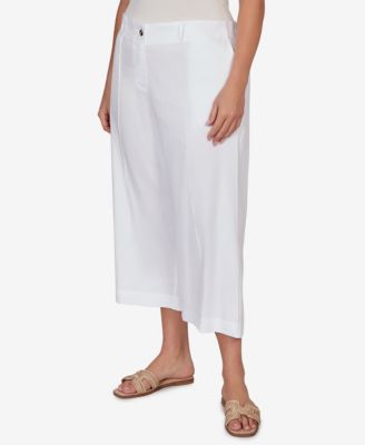 Plus Size Stretch Linen Wide-Leg Fly-Front Capri Pants