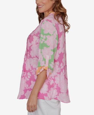 Plus Size Color Block Floral Pintuck Gauze Top