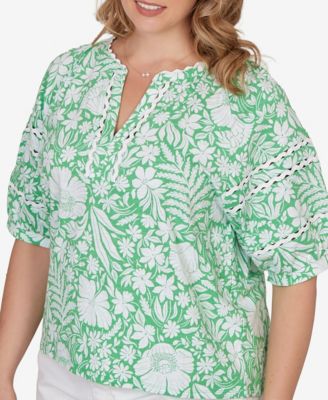 Plus Size Tropical Floral Trim Knit Top