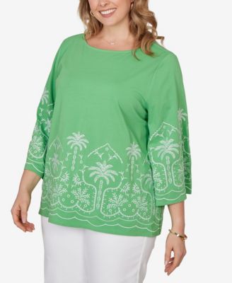 Plus Size Palm Tree Embroidered Knit Top