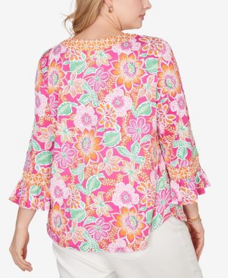 Plus Size Floral Puff Print Ruffle Sleeve Knit Top