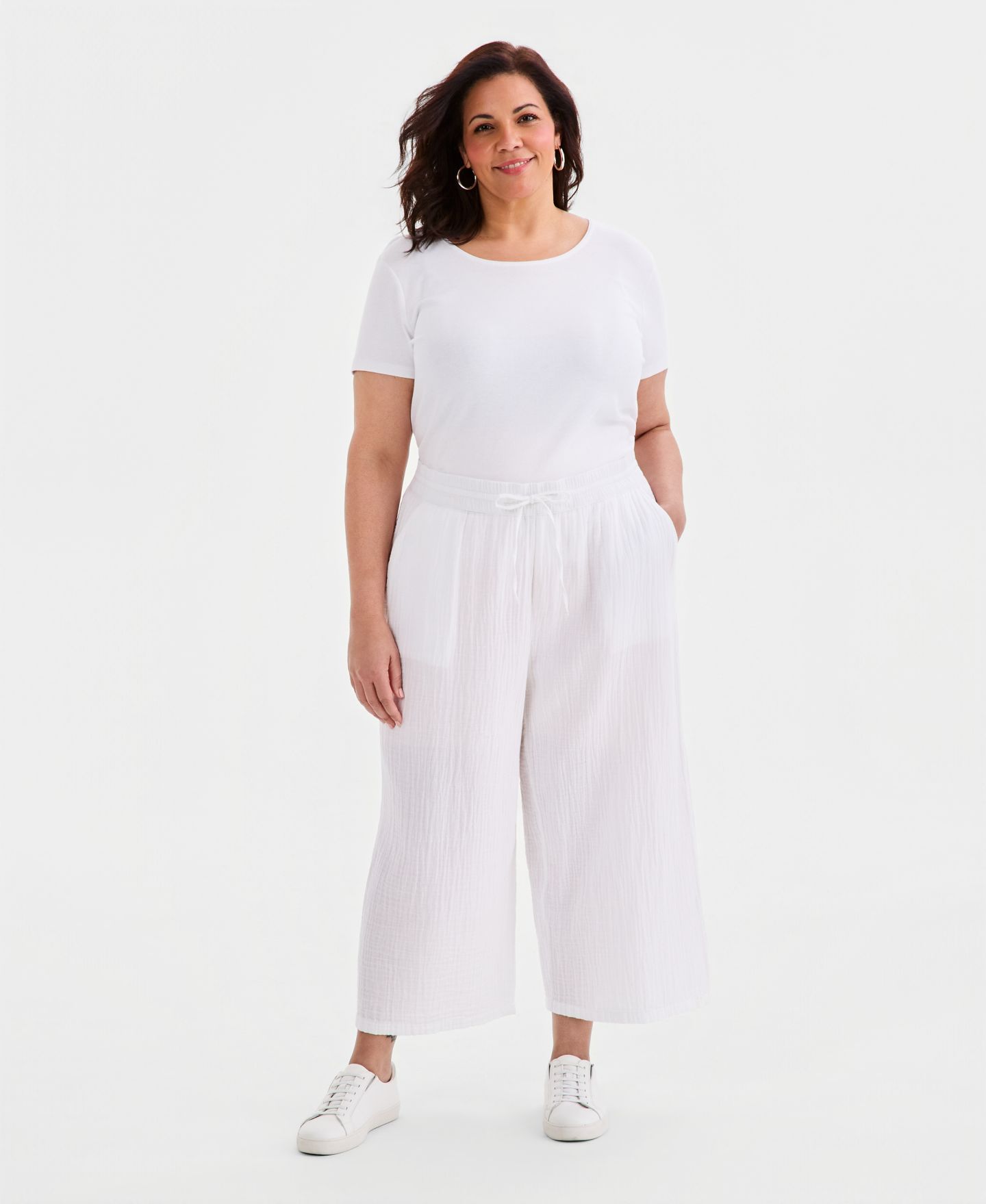 Женские брюки Style & Co Plus Size Cotton Gauze Wide-Leg Cropped Drawstring, цвет: Яркий белый — фото 1