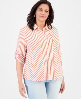 Plus Size Striped Knit Roll-Tab Shirt