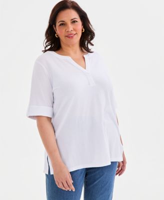 Plus Size Roll-Tab Elbow-Sleeve T-Shirt