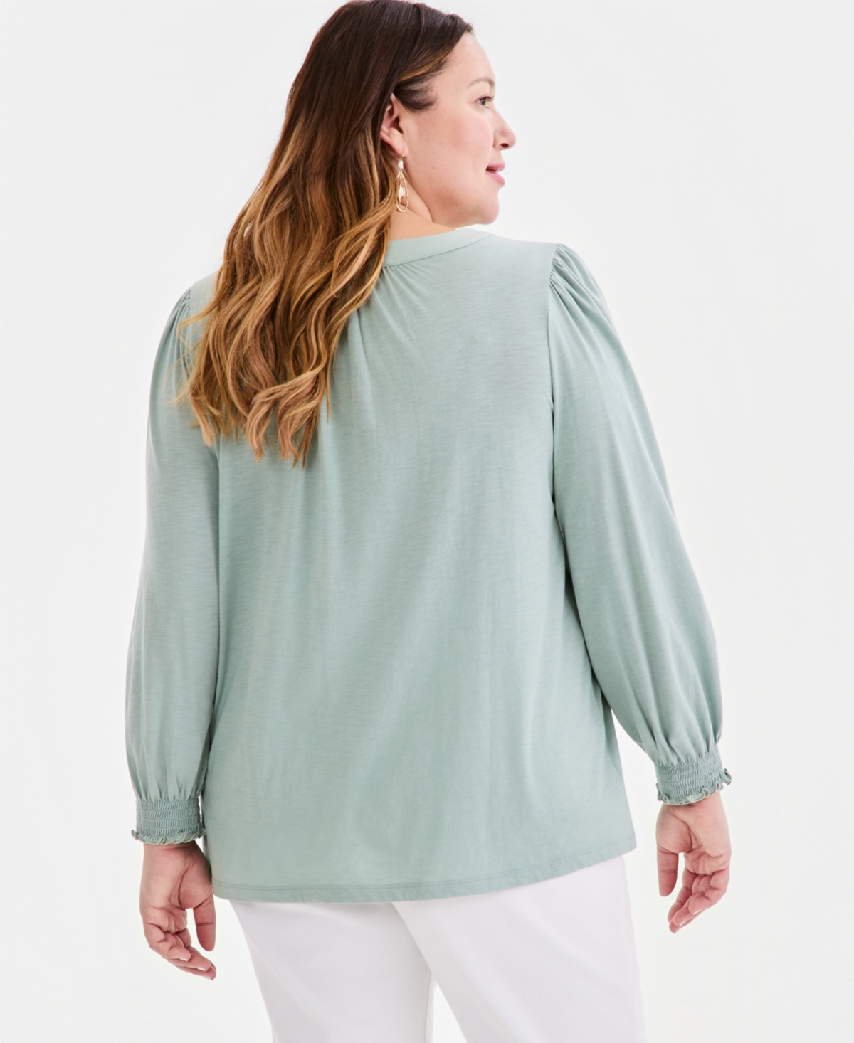 Style & Co Plus V-Neck Smocked-Cuff Long-Sleeve Top, Macy's Exclusive