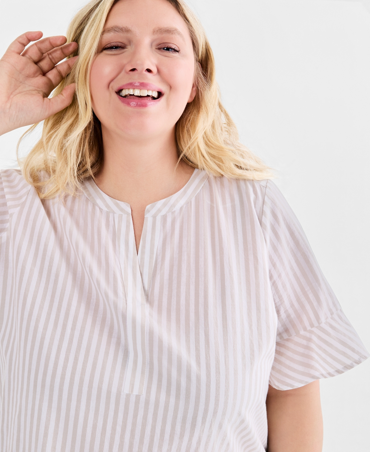 Style & Co Plus Flared-Cuff Split-Neck Top, Macy's Exclusive