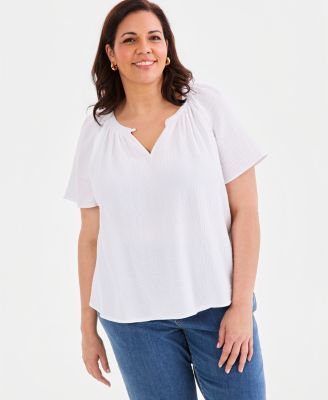 Plus Size Cotton Gauze Flutter-Sleeve Top