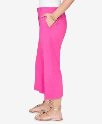 Petite Stretch Linen Wide-Leg Fly-Front Capri Pants